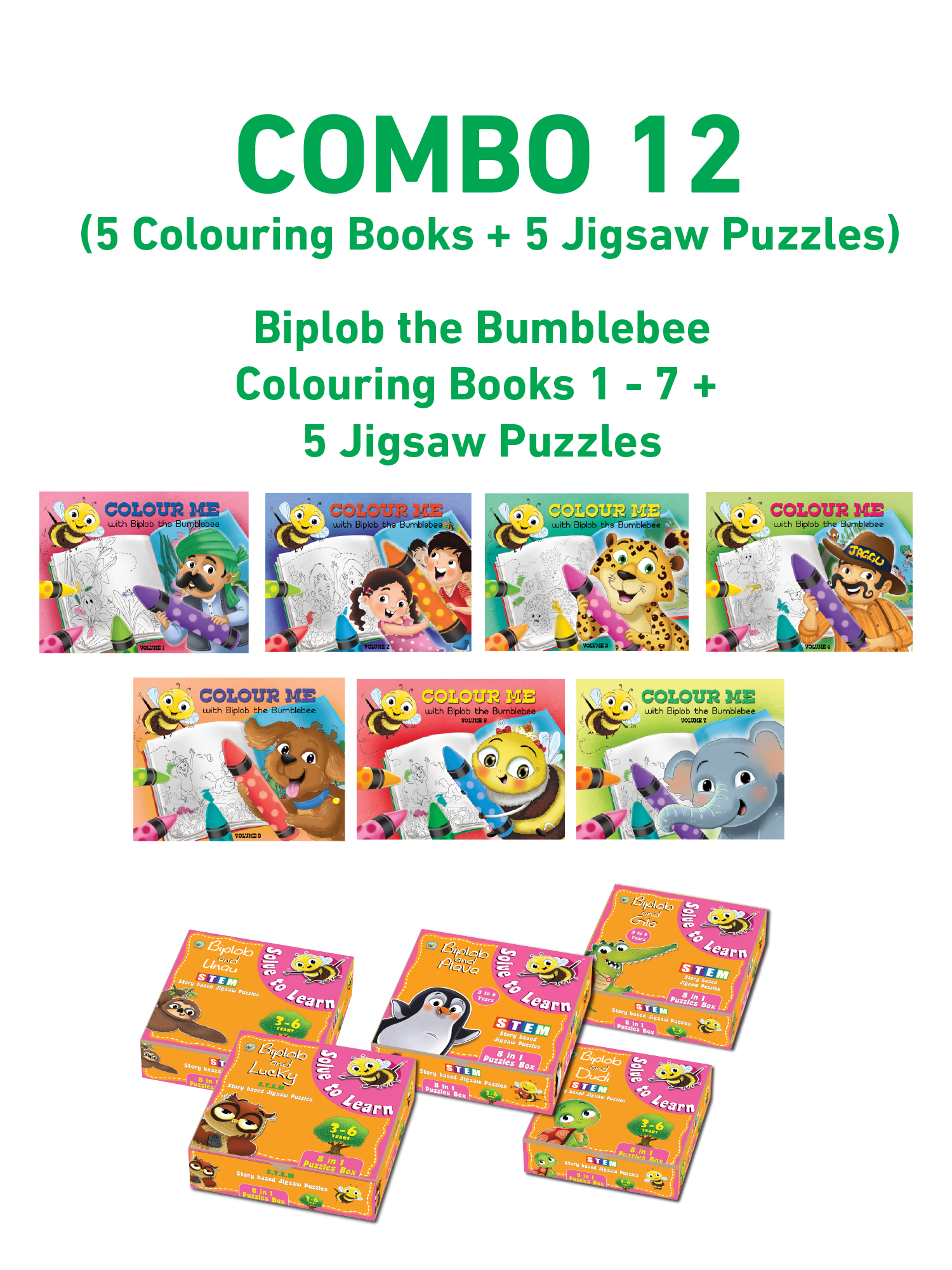 COMBO12: Biplob Colouring Books 1 to 7 + 5 Jigsaw Puzzles - Biplobworld - Biplobworld