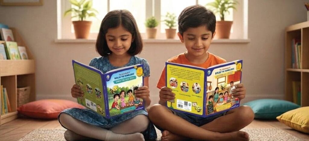 Seven-year-old child reading an adventure story book that encourages imagination, curiosity and independent reading