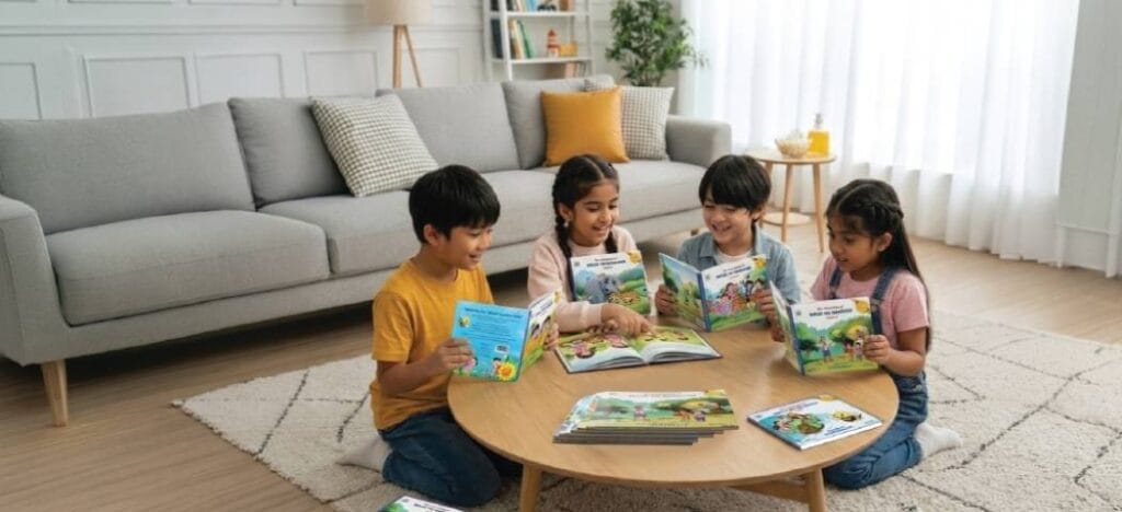 Child reading Biplob adventure books with puzzles colouring books board games and DIY kits nearby