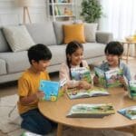Child reading Biplob adventure books with puzzles colouring books board games and DIY kits nearby