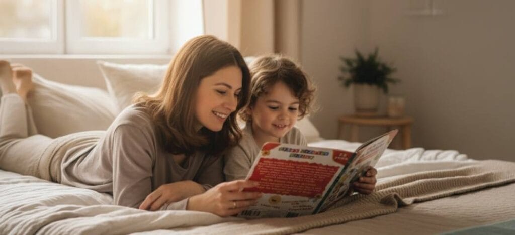 Child reading Biplob Early Learner books with colouring books puzzles board games and DIY kits nearby