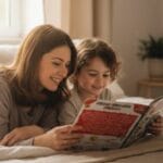 Child reading Biplob Early Learner books with colouring books puzzles board games and DIY kits nearby