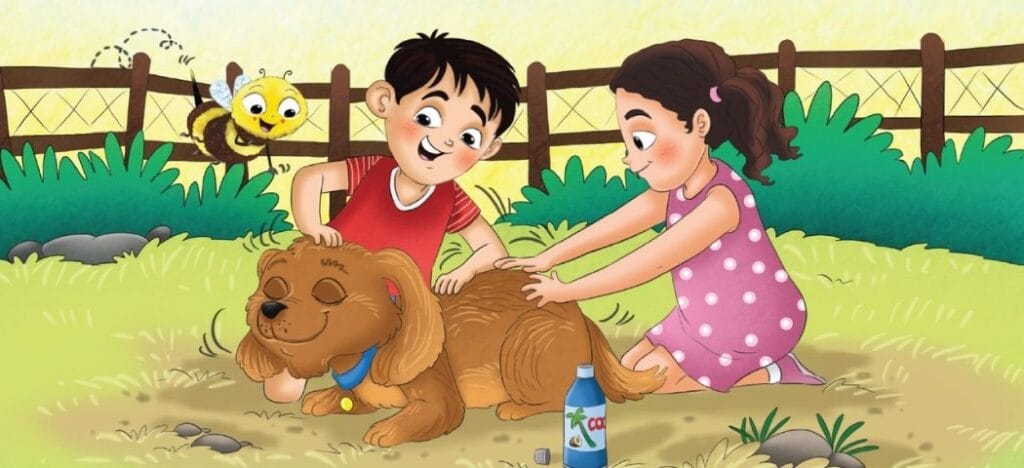 Child helping care for a family dog with grooming food water and gentle pet care routines