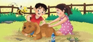 Child helping care for a family dog with grooming food water and gentle pet care routines