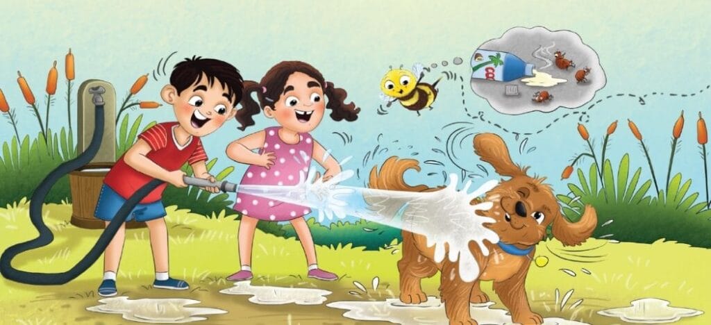 Child feeding and caring for a family dog while learning responsibility, kindness, and pet care