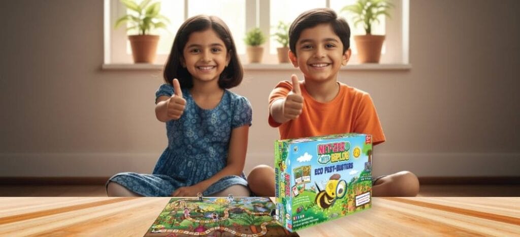 Children learning sustainability through Biplob books games puzzles colouring and DIY kits
