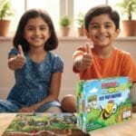 Children learning sustainability through Biplob books games puzzles colouring and DIY kits