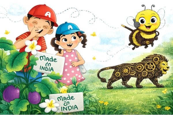 Children learning about Make in India, healthy choices, and sustainability through everyday activities and responsible decisions.
