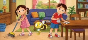 Boy and girl sharing household chores by sweeping and cleaning together while learning about gender equality at home