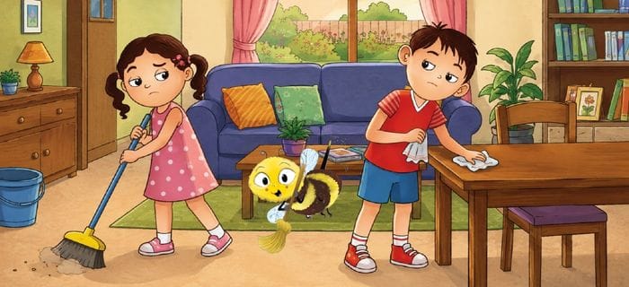 Boy and girl sharing household chores by sweeping and cleaning together while learning about gender equality at home