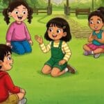 Girl confidently sharing her idea while boys and girls listen respectfully, illustrating children learning to speak up, listen and value every voice