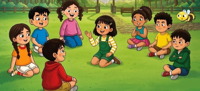 Girl confidently sharing her idea while boys and girls listen respectfully, illustrating children learning to speak up, listen and value every voice
