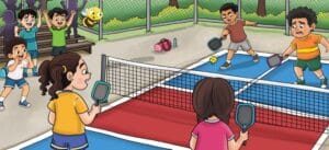 Girls playing a decisive pickleball match while boys cheer from the sidelines, illustrating leadership, teamwork and gender equality for children